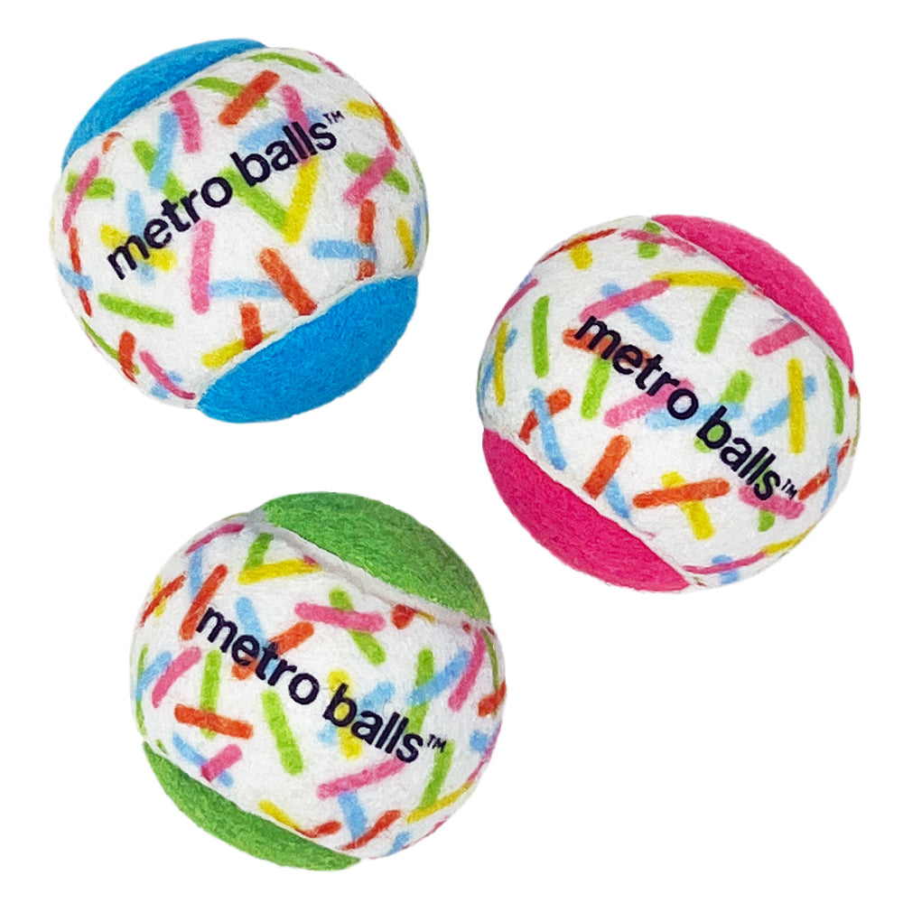 3 Metro Pawty Balls, pet-safe tennis balls with colorful sprinkles design