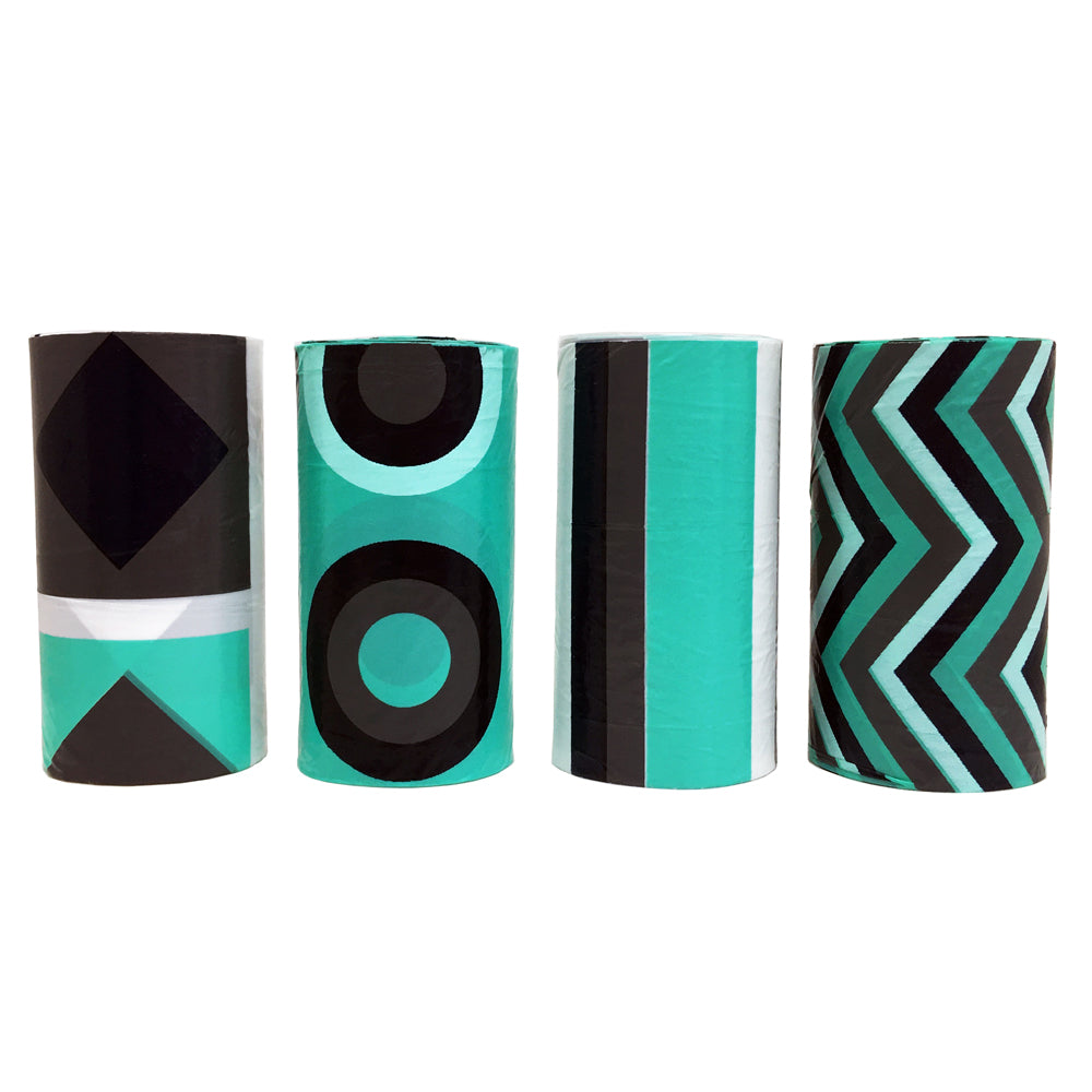 Rolls of Poopy Packs degradable waste bags in Seafoam, featuring different seafoam, gray, and black designs.