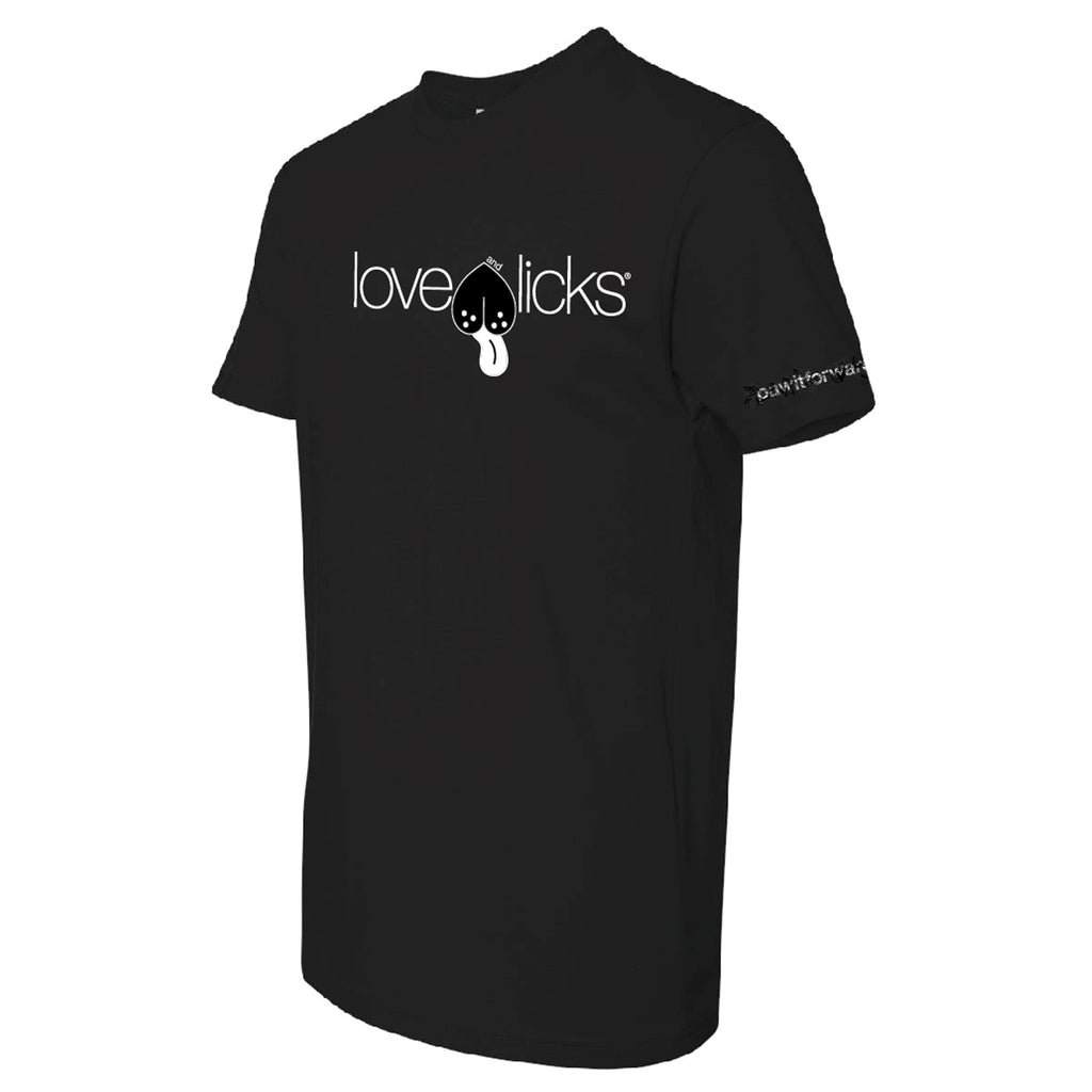 Side view of Love & Licks Metro Tee, black t-shirt with Love & Licks Logo that gives back to rescues