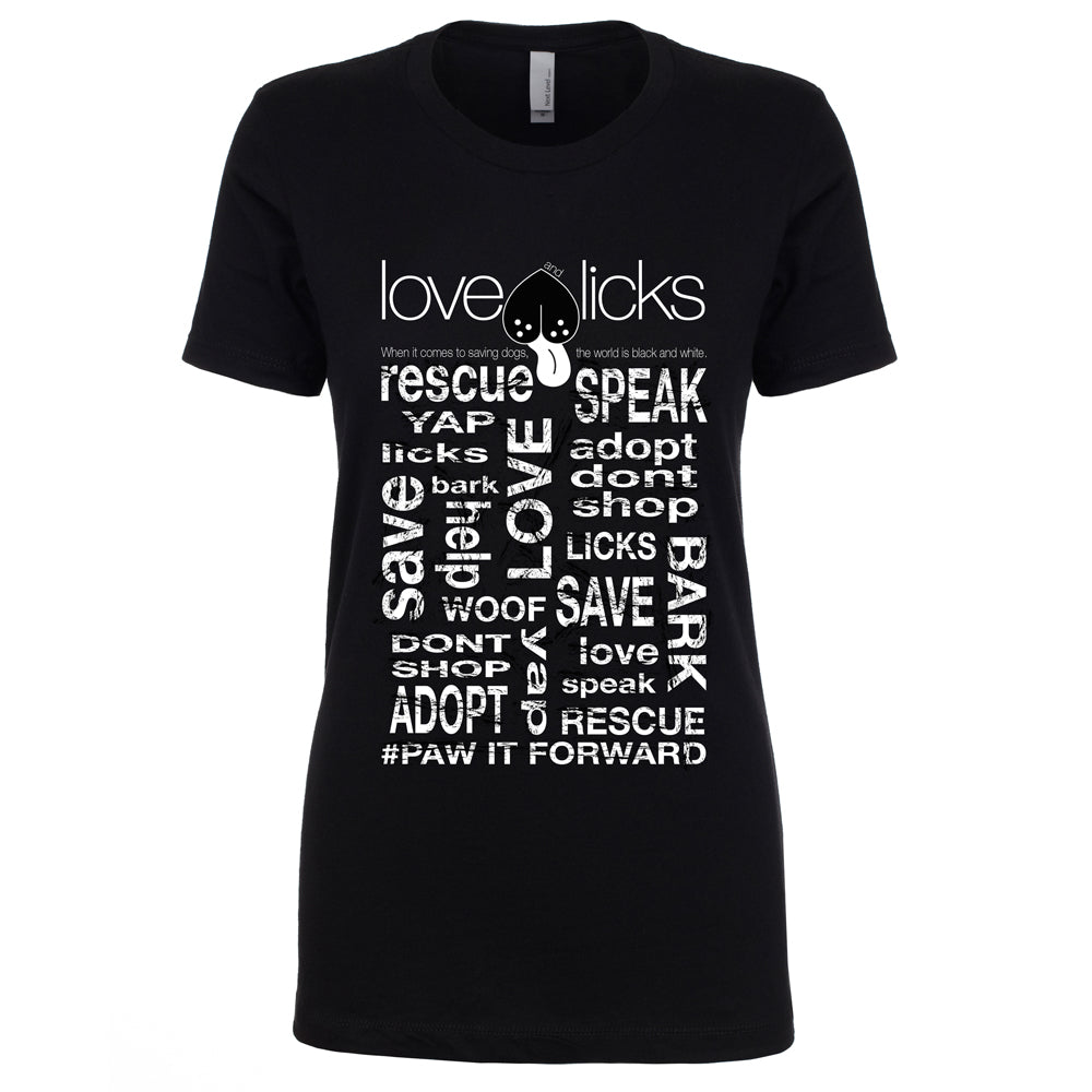 Love & Licks Urban Women's Tee, black t-shirt with Love & Licks logo and rescue phrases