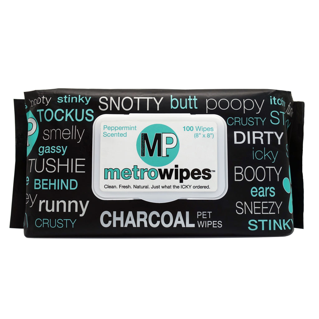 Package of 100 count Metro Wipes grooming wipes in Charcoal Peppermint