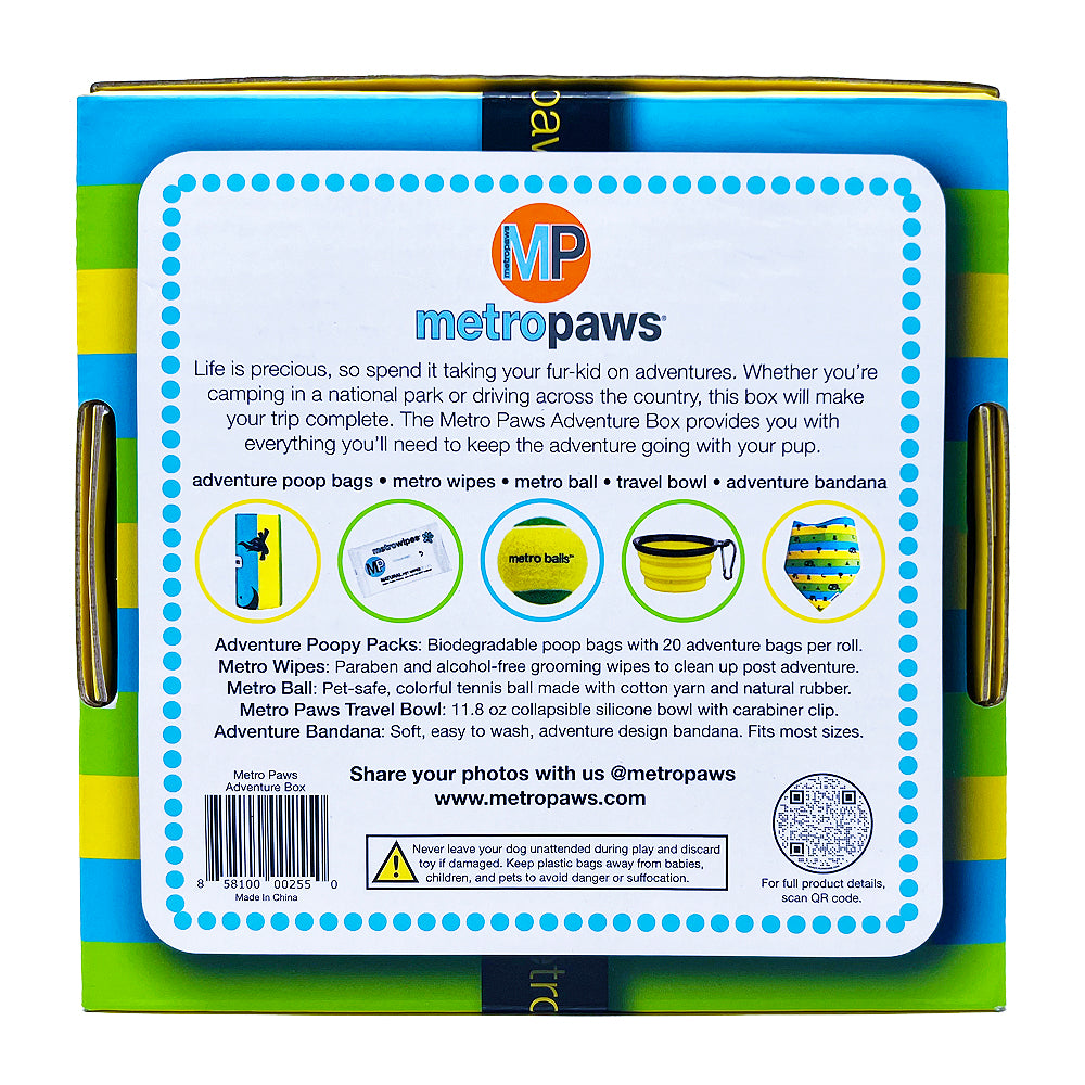 Back of Metro Paws Adventure Box, featuring photos of items included.
