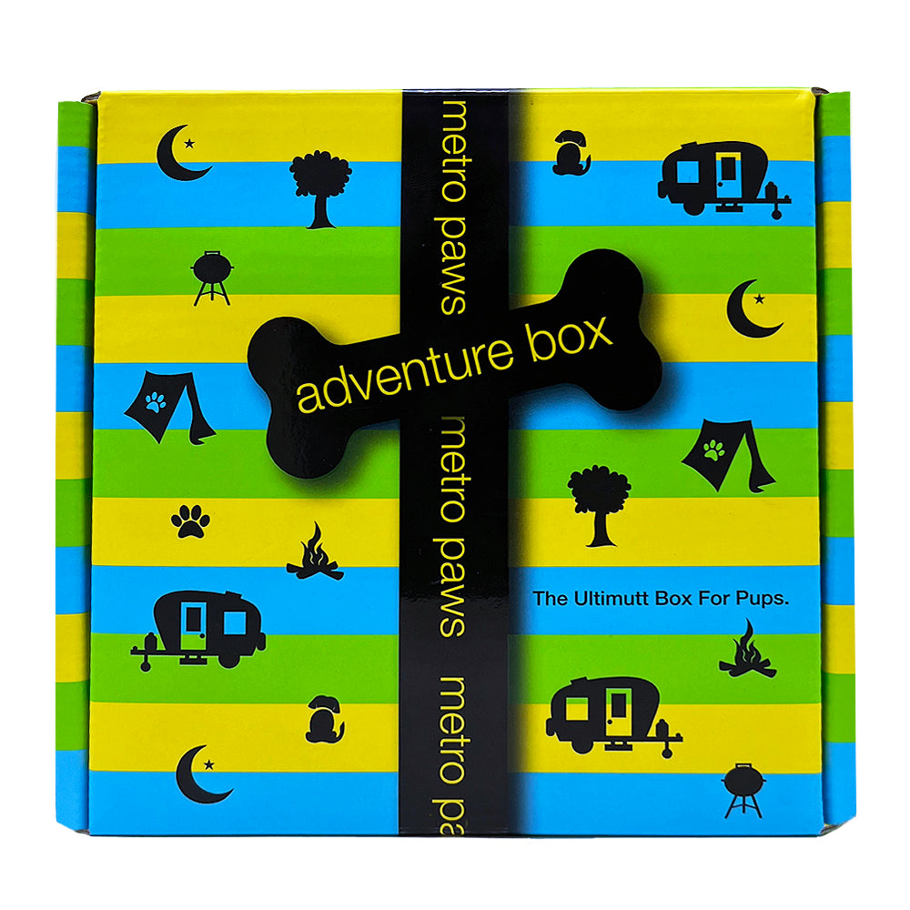 Front of Metro Paws Adventure Box, featuring stripe design with travel and camping silhouettes