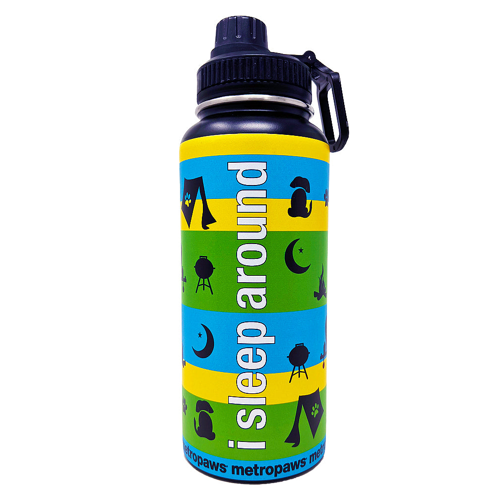 Metro Paws Adventure Water Bottle with phrase "I Sleep Around"