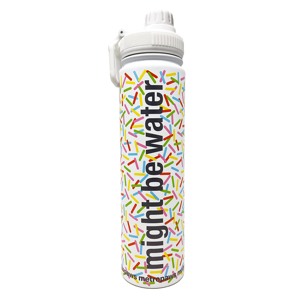 Metro Paws Pawty Water Bottle, white water bottle with sprinkles design and phrase of "Might Be Water"