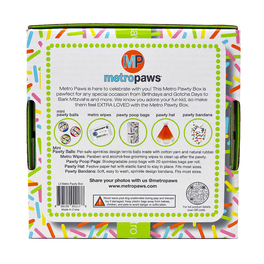 Back of Metro Pawty Box for Lil Dogs, featuring sprinkles print, product descriptions, and product images.
