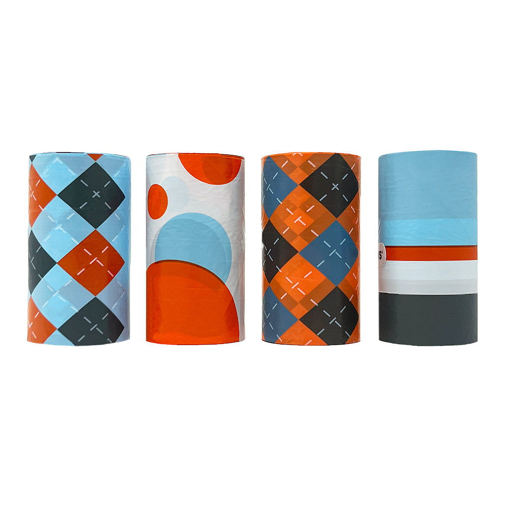 Rolls of Poopy Packs degradable waste bags in Orange, featuring different orange, seafoam, and gray designs