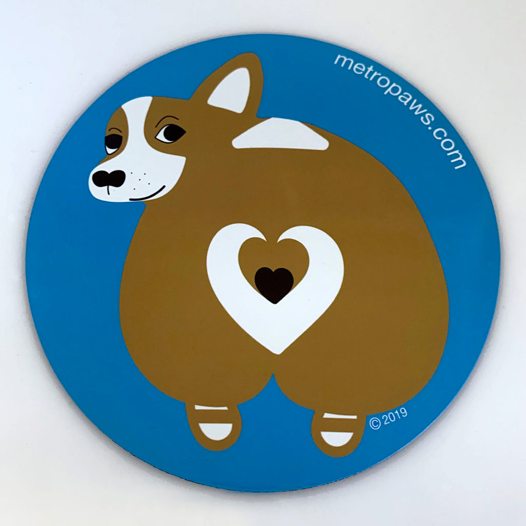 Fluffy Butt Car Magnet, circle-shaped blue magnet with Corgi