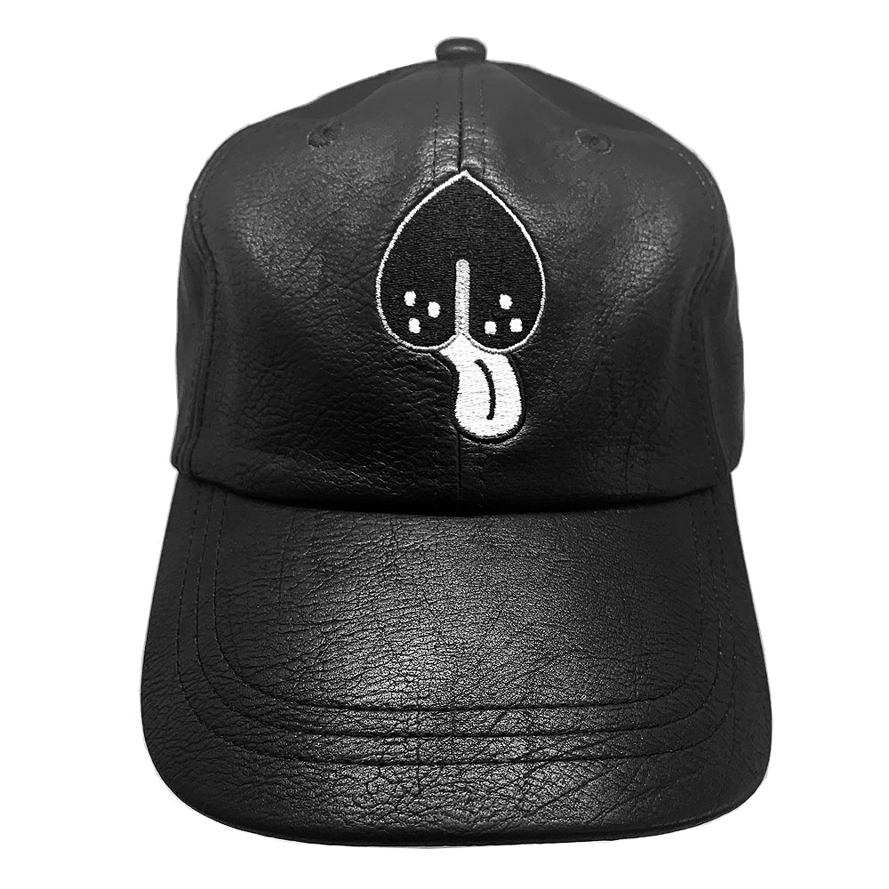 Black vegan leather Love & Licks Hat with logo
