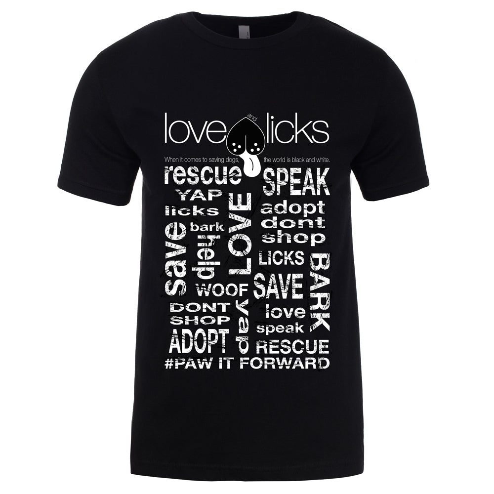 Love & Licks Urban Men's Tee, black t-shirt with Love & Licks logo and rescue phrases