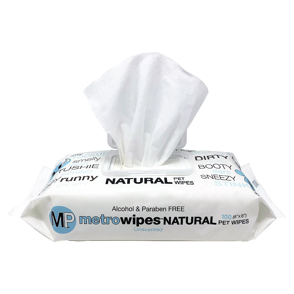 Package of 100 count Metro Wipes grooming wipes in Natural Unscented with wipe dispensing from top