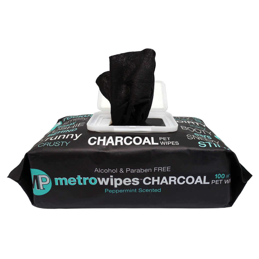 Package of 100 count Metro Wipes grooming wipes in Charcoal Peppermint with wipe dispensing from top