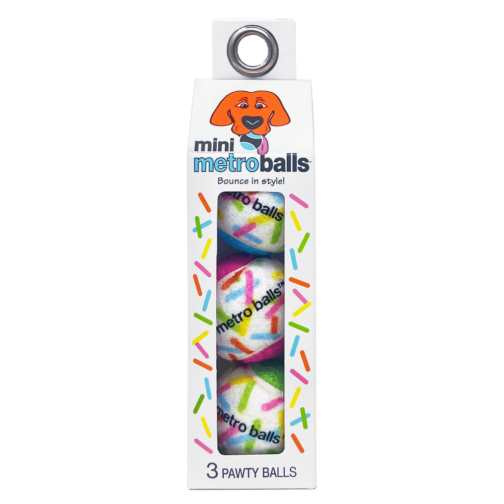 Package of Mini Metro Pawty Balls, 3 small pet-safe tennis balls with sprinkles design