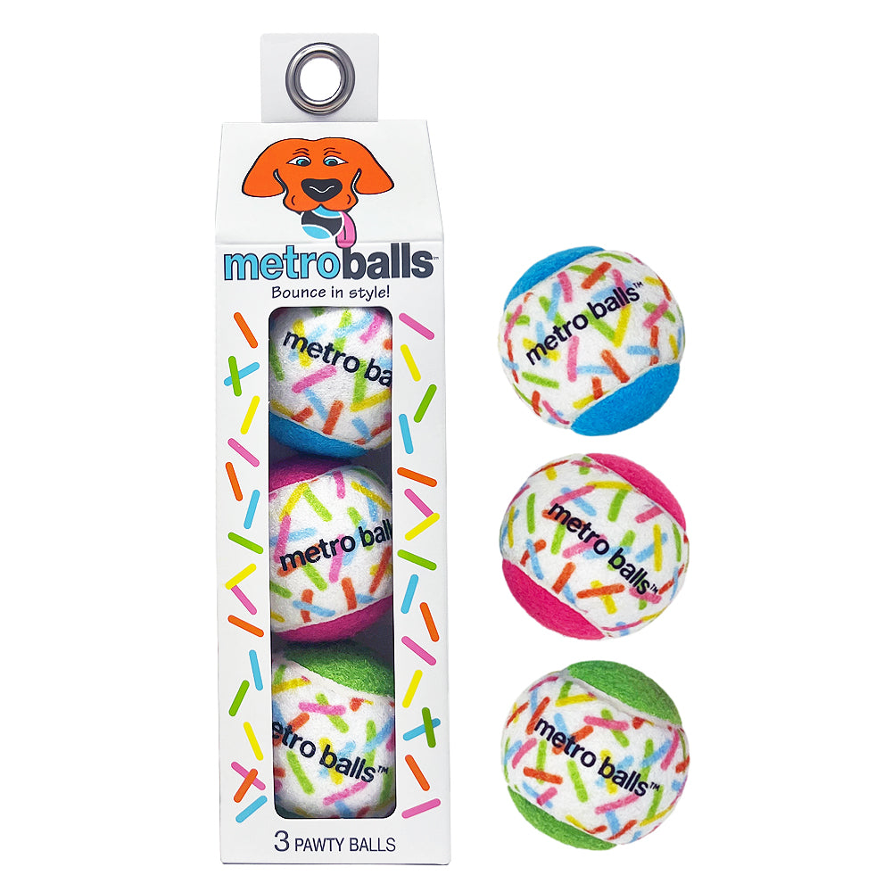 Package of Metro Pawty Balls next to 3 Metro Pawty Balls, featuring a sprinkles design