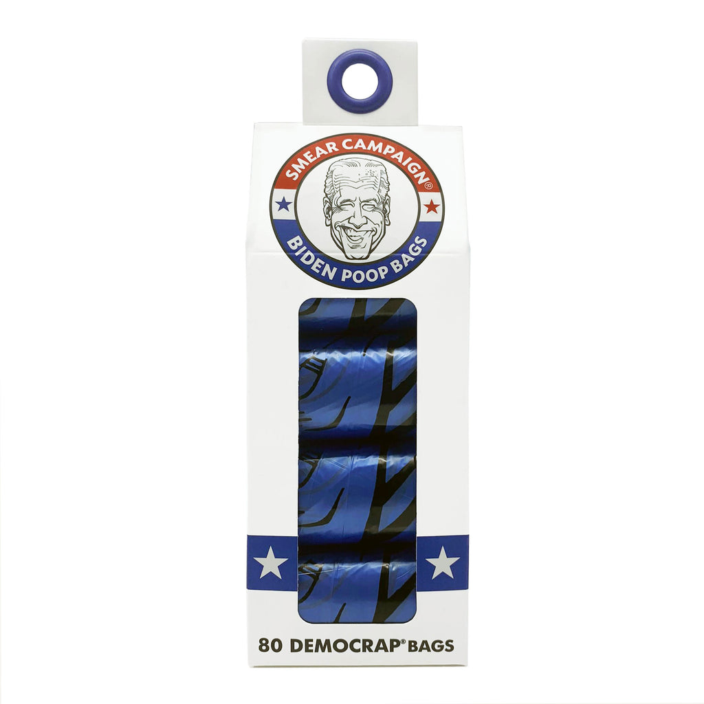 Package of Smear Campaign DEMOCRAP Poolitical Bags, dog poop bags featuring caricature of President Biden