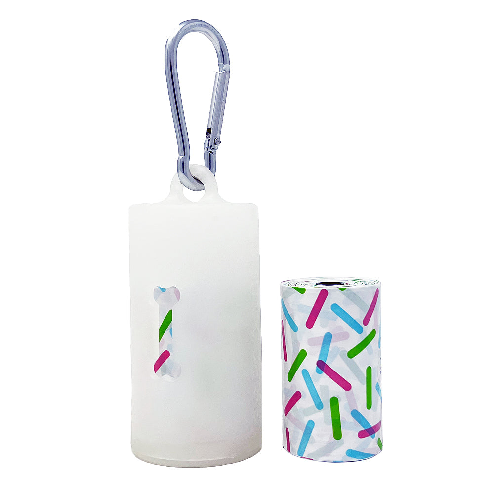 The Birthday Suit Poopcase compostable waste bag dispenser with Sprinkles Poopy Pack degradable bag