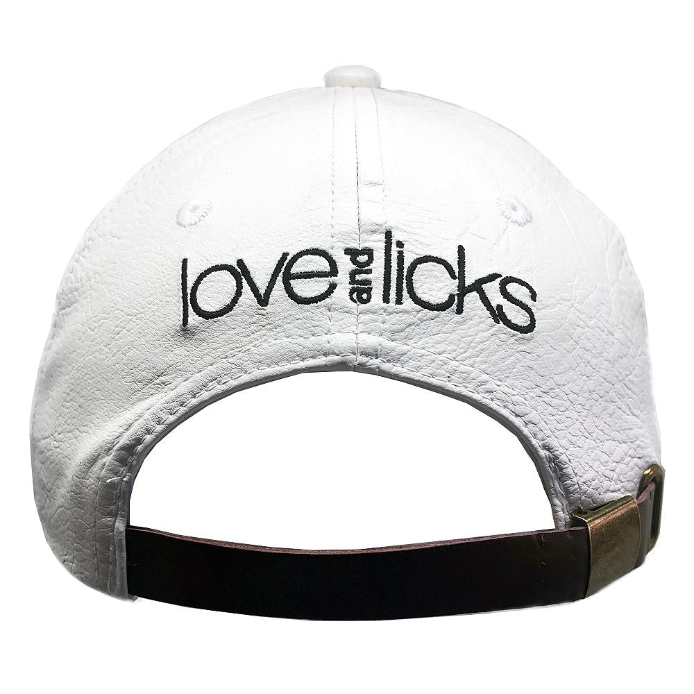 Back of white Love & Licks Hat with wording
