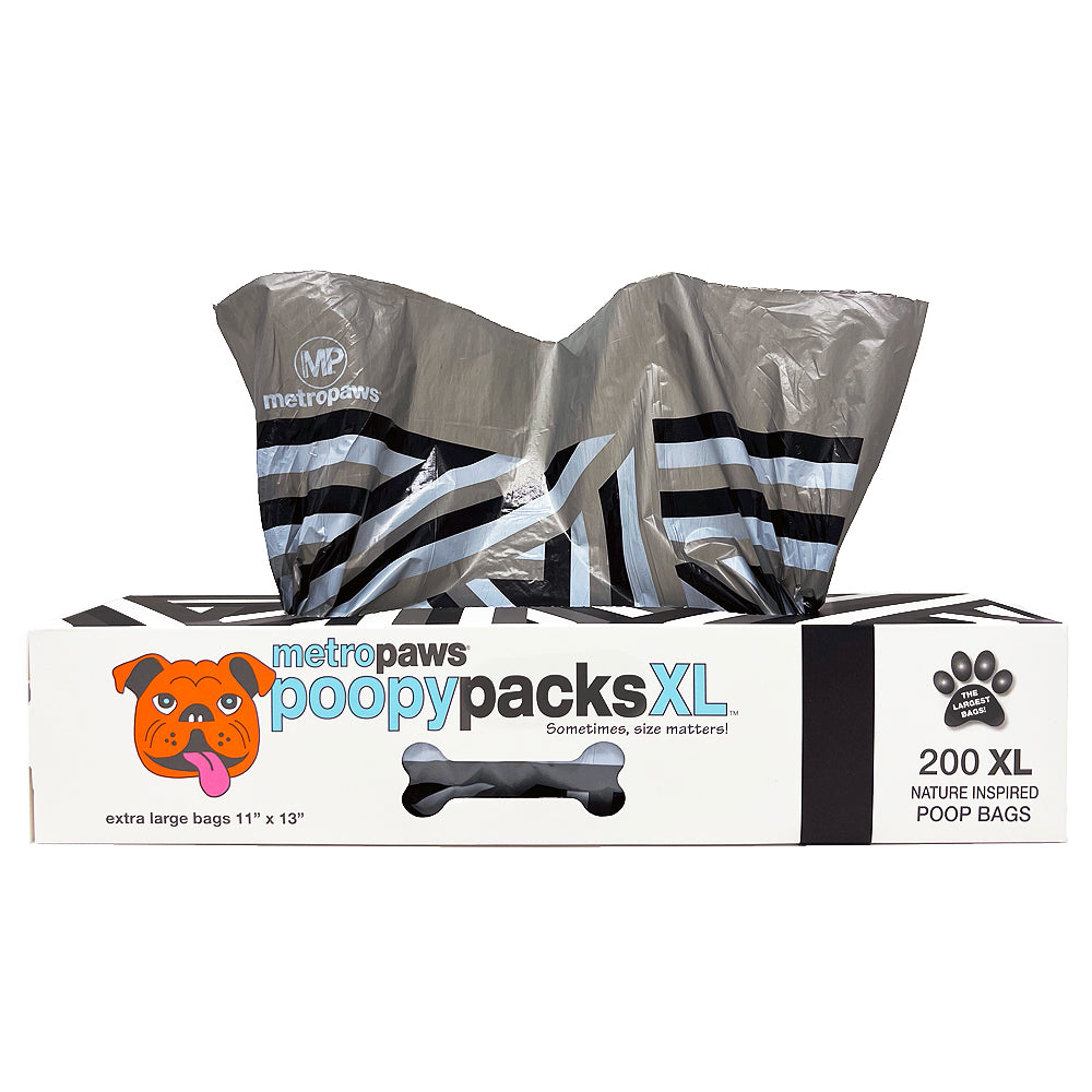 Poopy Packs XL Black large designer dog poop bags on White Background