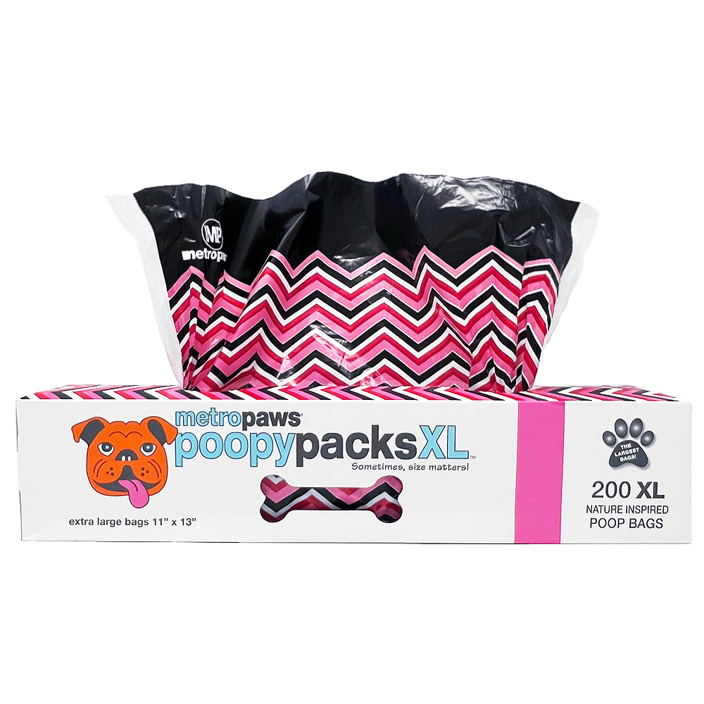Poopy Packs XL Pink Chevron large designer dog poop bags on White Background